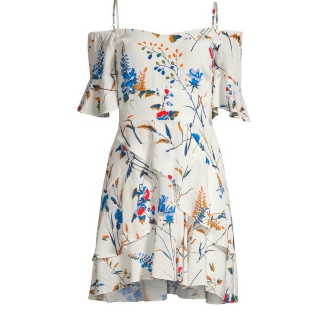 Maje Cream Floral Mini Dress with Blue & Orange Print